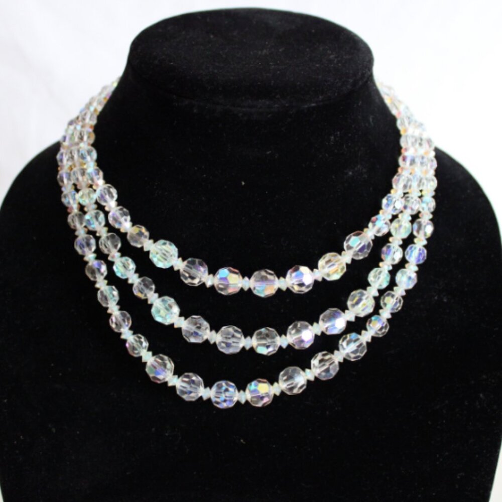 1960s Aurora Borealis Triple Strand Iridescent Crystal Necklace Vintage